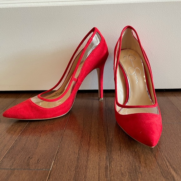 Jessica Simpson Red and Clear Suede Heels - Picture 1 of 3